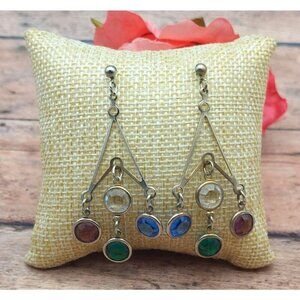 Silver Tone Statement Earrings Dangle Drop Bezel Set Colorful Crystals Geometric